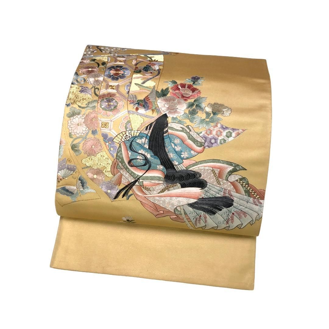 ☆ 袋帯 総刺繍 衣桁に十二単の女性 花模様 鳥 金銀糸 密陀僧色 O-5161 ☆ 袋帯 総刺繍 衣桁に十二単の女性 花模様 鳥 金銀糸 密陀