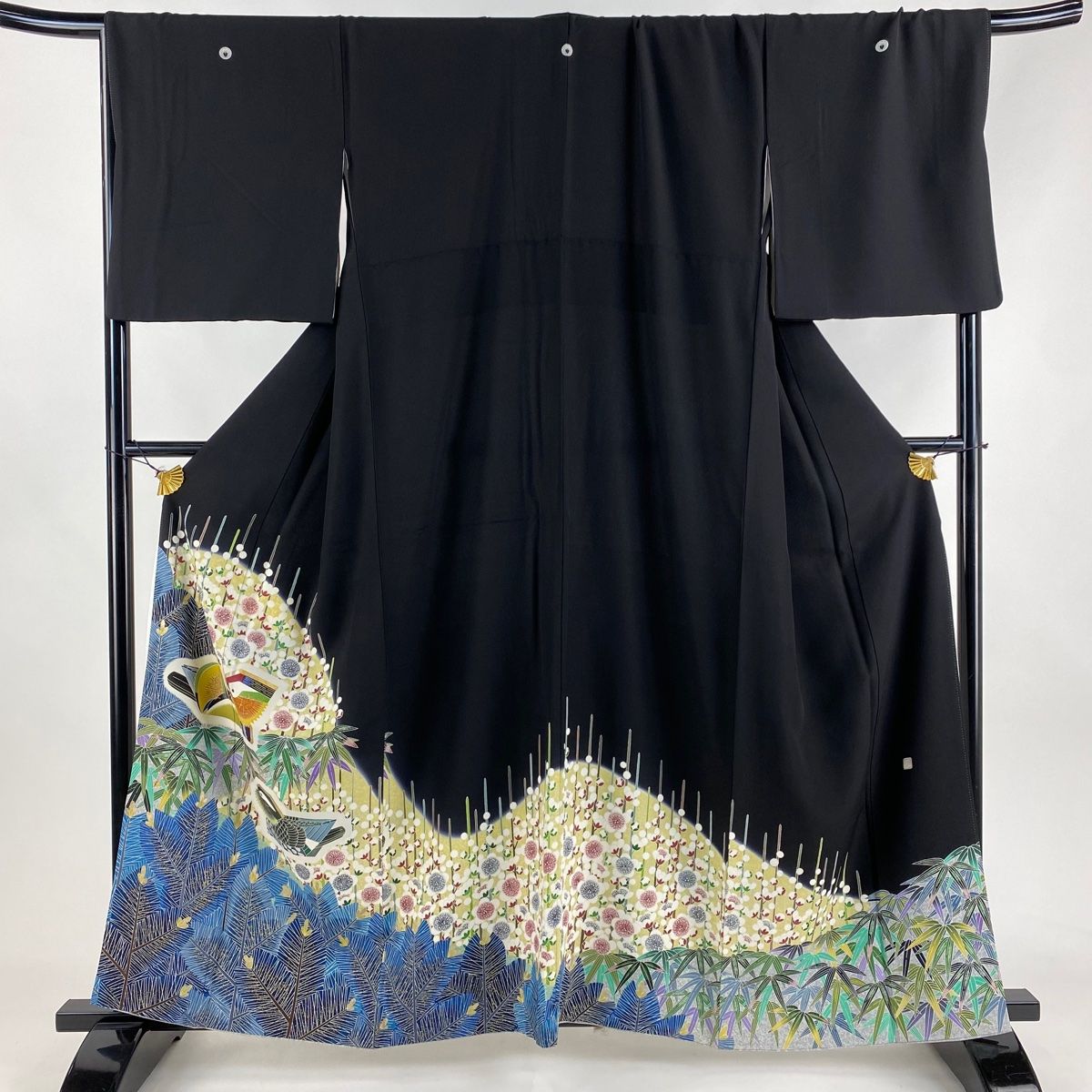 黒留袖 身丈160cm 裄丈70.5cm L 袷 TOKIO ET TOKI 落款 鴛鴦 松竹梅 金銀彩 ぼかし 黒 正絹