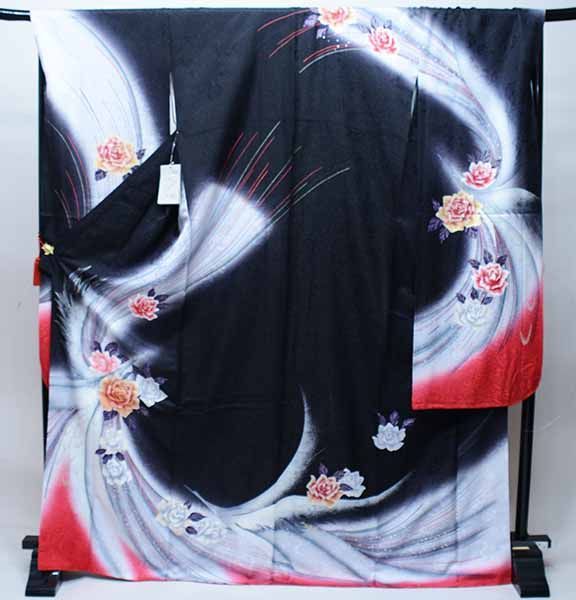 振袖 正絹 着物 単品 仕立て上がり 鳥 バラ 金駒 ラメ入り 黒地 グレー 