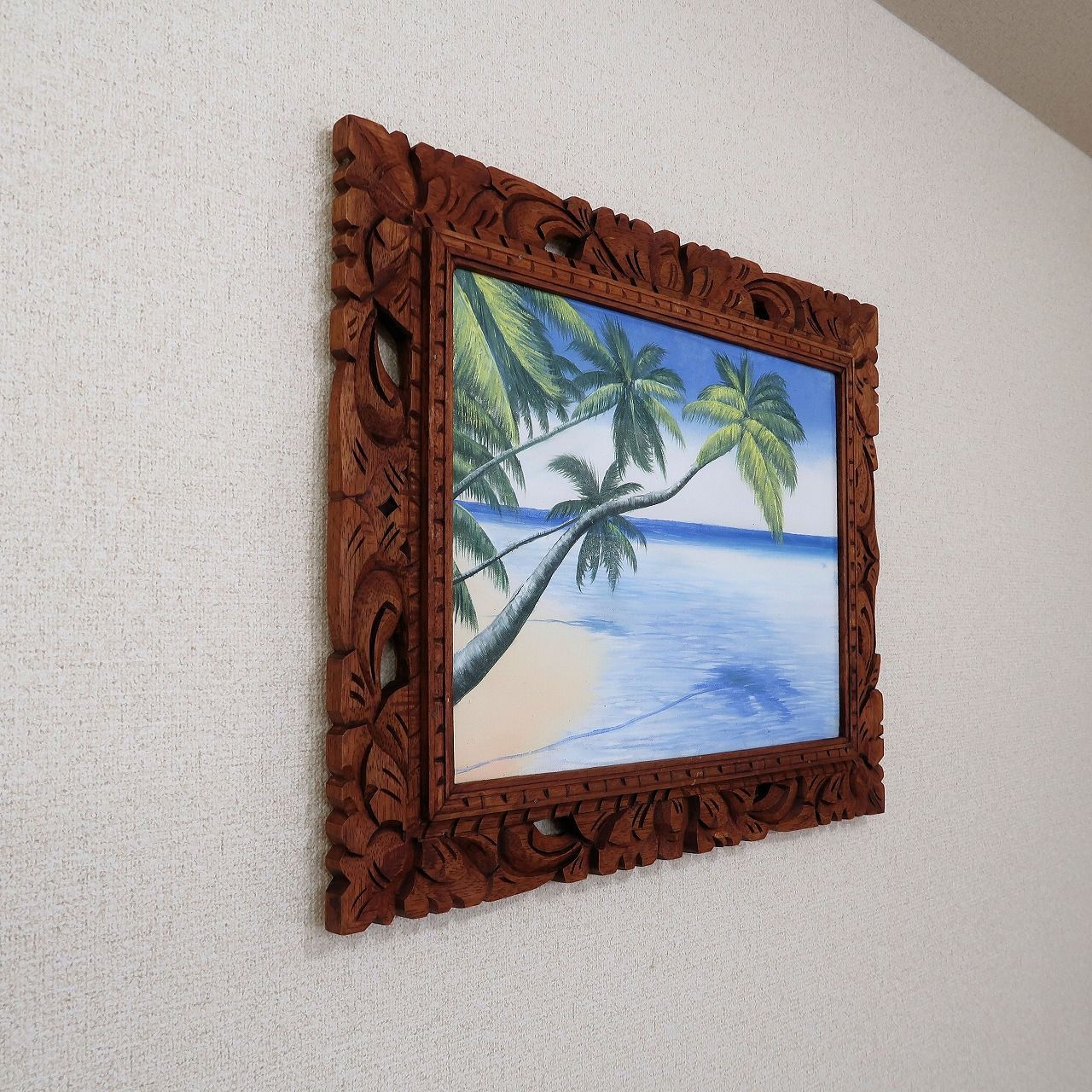 額縁　木製 海と椰子の木 52X42 ハワイアン アジアン バリ絵画 アート ビーチ