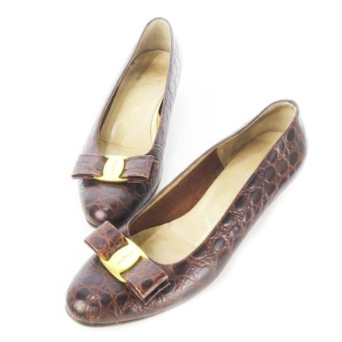 サルヴァトーレフェラガモ Salvatore Ferragamo BOUTIQUE パンプス ローヒール ラウンドトゥ レザー 本革 型押し ヴァラリボン 6.5 23.5cm 茶 ブラウン |CK4 GY11