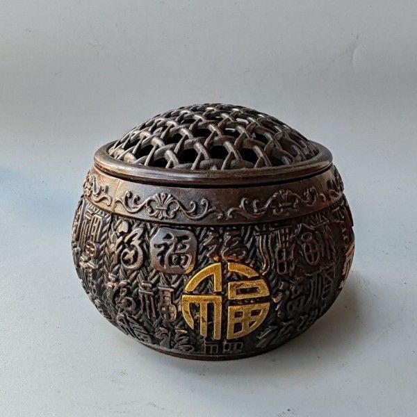 銅細工 百福網蓋香炉 香道具 装飾品 工芸品 美術品 置物 銅 細工 浮彫り百福網蓋薫香炉 茶道香炉 工芸品 美術品