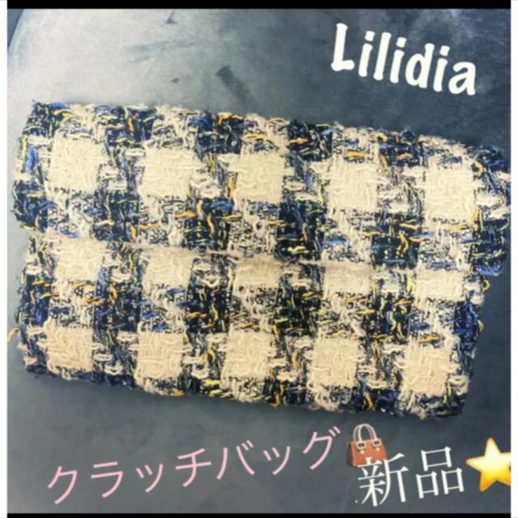 Lilidia ツイード クラッチバッグ チェック 青 白 キラキラ ラメ 鞄