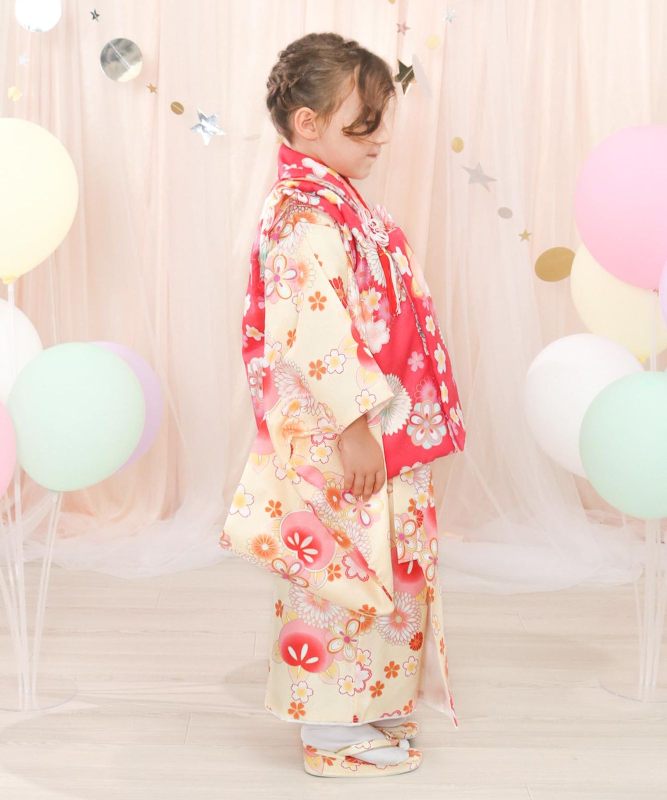 KYOETSU キョウエツ 着物セット 七五三用 3歳用 被布セット 華やかC 9点セット 柄被布 柄着物 伊達衿 長襦袢 髪飾り 巾着 草履 腰紐 足袋 ガールズ ワンサイズ 11.花々のしらべ