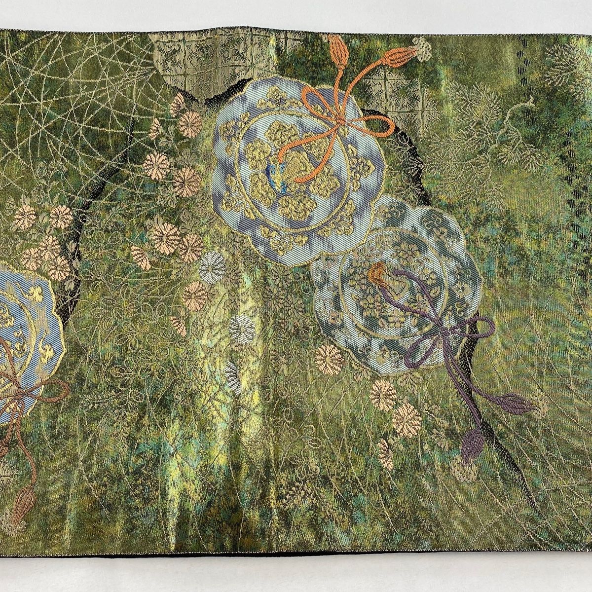 袋帯 秀品 草花 鳥 金糸 薄茶色 お太鼓柄 正絹 中古 袋帯 秀品 お太鼓
