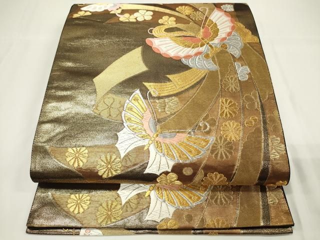 平和屋着物◎塩瀬 九寸名古屋帯 手描き 舞蝶文 正絹 逸品 BAAU8528yc