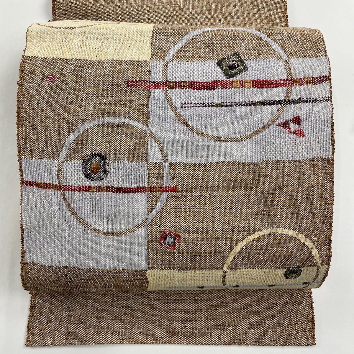 2点同梱、2-266、4-48 名古屋帯 八寸 美品 正絹 着物 松葉仕立て 名古屋帯 美品 秀品 八寸名古屋 松葉仕立て 幾何学模様 茶色