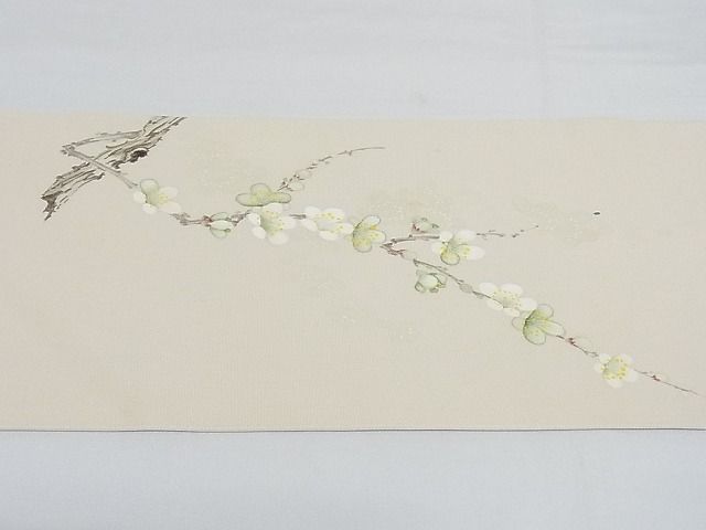 着物屋こころ■塩瀬　九寸名古屋帯　作家物　枝梅文　極上の逸品　ａ541 平和屋着物○塩瀬 九寸名古屋帯 友禅 作家物 枝花文 黒地 正絹 逸品