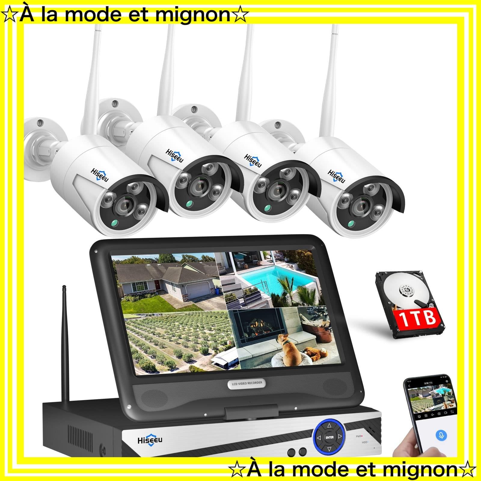 遠隔監視 カメラ 防水等級ip66 カメラ4台 動態検知 10チャンネルまで増設可 屋内 屋外 NVR 10.1イン 防犯カメラ 屋外セキュリティカメラ カメラ4台＋8チャンネル録画機＋1TB Hiseeu HDD 500万画素 ワイヤレス防