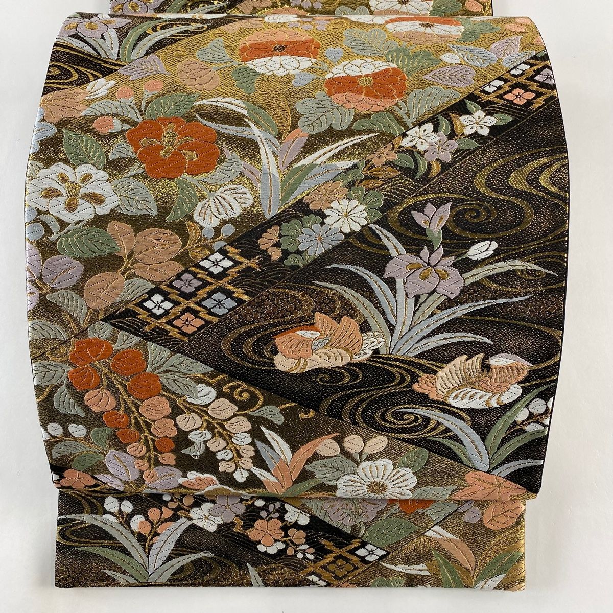 袋帯 美品 秀品 草花 鴛鴦 刺繍 箔 金色 六通 正絹 【中古