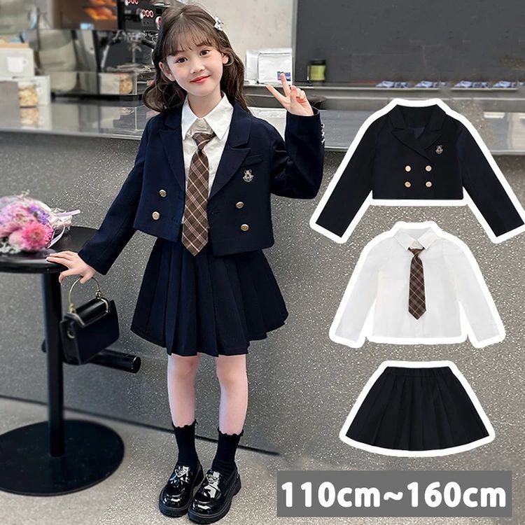 4点セット ネクタイ×ジャケット×シャツ×スカート フォーマルスーツ ブラック 女の子 スーツ キッズ 子供 春 秋 上下セット ジュニア 入学式 入園式 卒業 zzr030265664de