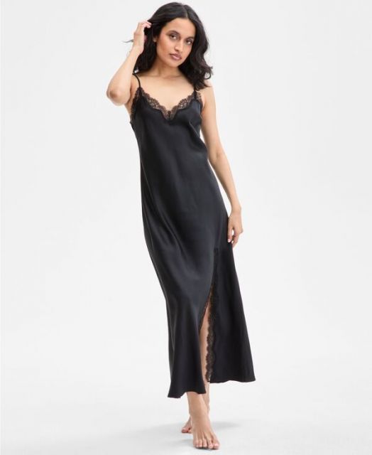 送料無料 アイ.エヌ.シー インターナショナル コンセプト レディース ナイトウェア アンダーウェア Women s Lace-Trim Satin Nightgown Deep Black