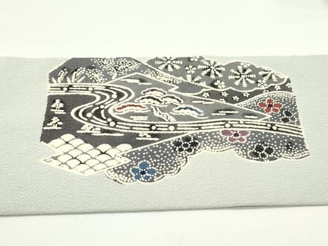 平和屋着物○九寸名古屋帯 型染め 流水風景飛鶴花文 鬼しぼ縮緬 正絹