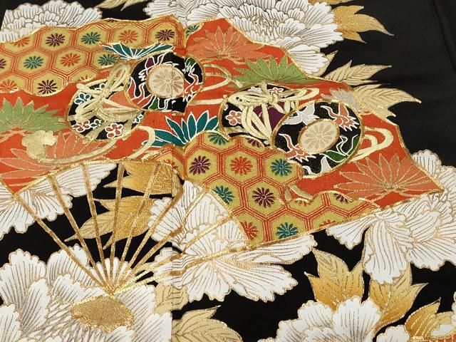 平和屋着物□豪華黒留袖 駒刺繍 扇面鼓草花文 金彩 正絹 逸品 未