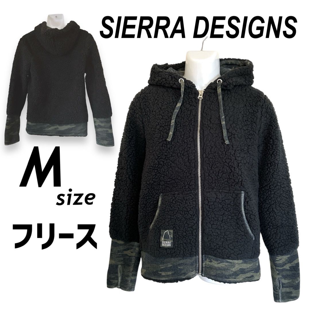 SIERRA DESIGNS シエラデザイン メンズ フリースジップパーカー M ボア 指穴 ブルゾン アウトドア 迷彩 ブラック系 (L38)