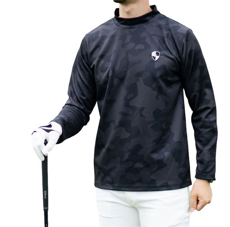 1piu1uguale3 GOLF モックネック　シャツ　メンズ　XL 黒　総柄 総柄 モックネック ロンT ゴルフ ゴルフウェア カモフラ黒(全4色)