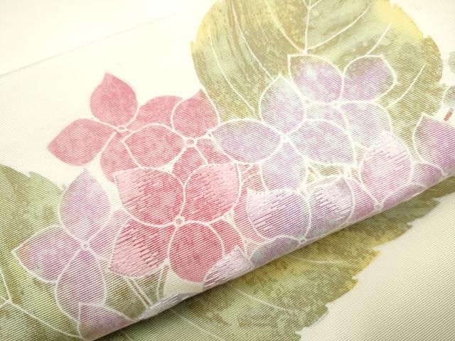 平和屋着物●塩瀬　九寸名古屋帯　手描き　刺繍　紫陽花　正絹　逸品　CAAT8022hy 平和屋着物○塩瀬 九寸名古屋帯 手描き 刺繍 紫陽花 正絹 逸品