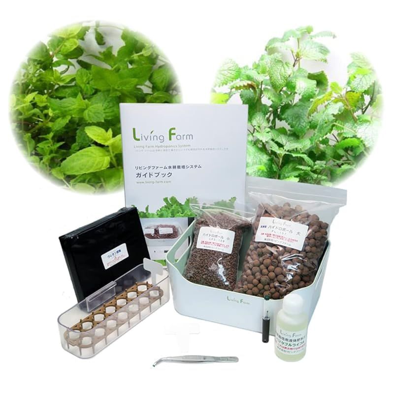 ♥ リビングファーム 水耕栽培 ハーブ ミントとレモンバーム 種付き スッキリハーブセット ハイドロボール 育苗 育成HBキット 土不要 簡単 無農薬野菜 ハーブ苗作りキット＋ハイドロボールで苗を育成するキット LFS-095-1 1