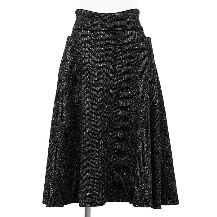 FOXEY フォクシー フ スカート ツイード ベロア パイピング メランジ ウール ＆ アルパカ フラップポケット バックファスナー ボトムス レディース サイズ 38 チャコールグレー 39203