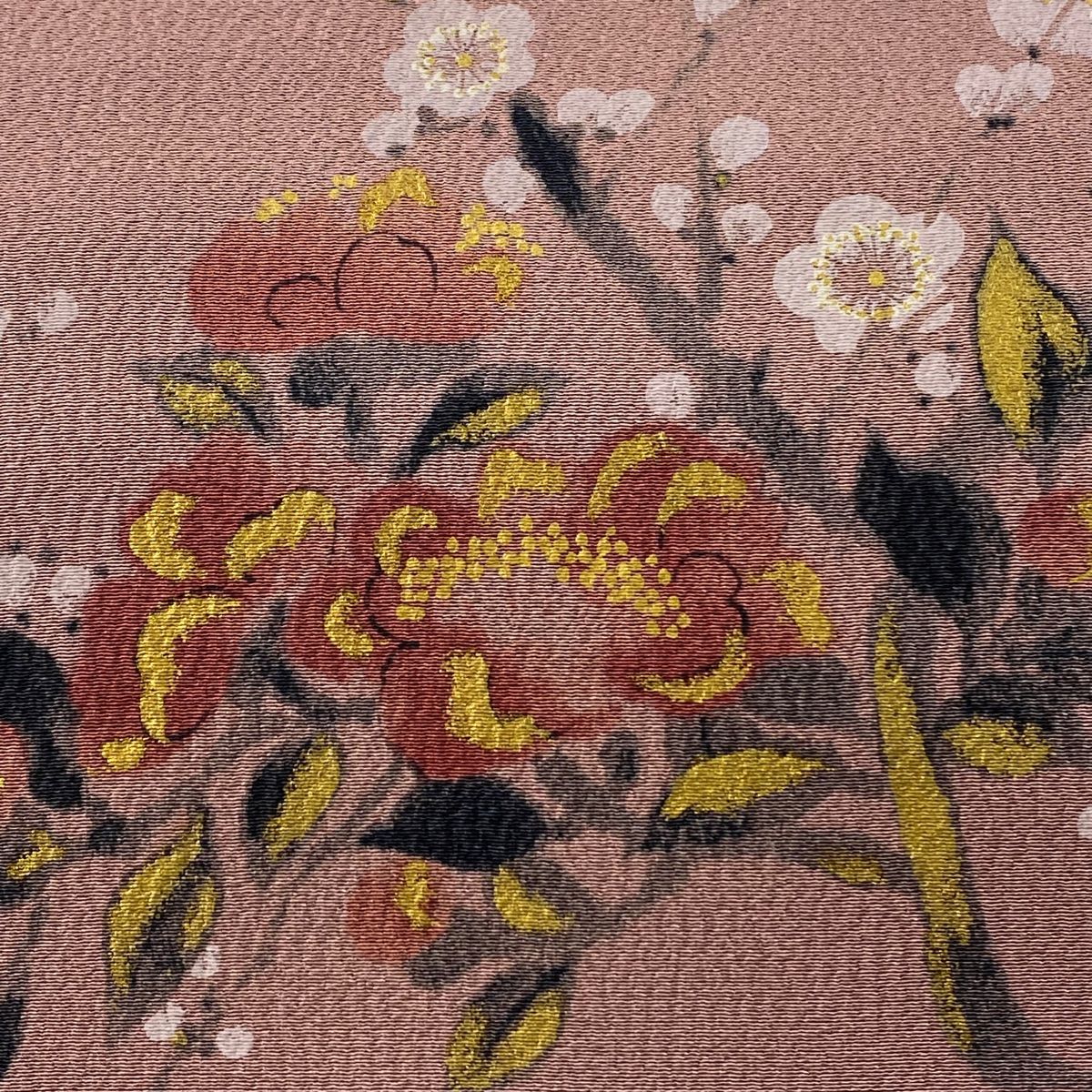 名古屋帯 美品 秀品 枝花 幾何学模様 縮緬 黒 正絹 中古 名古屋