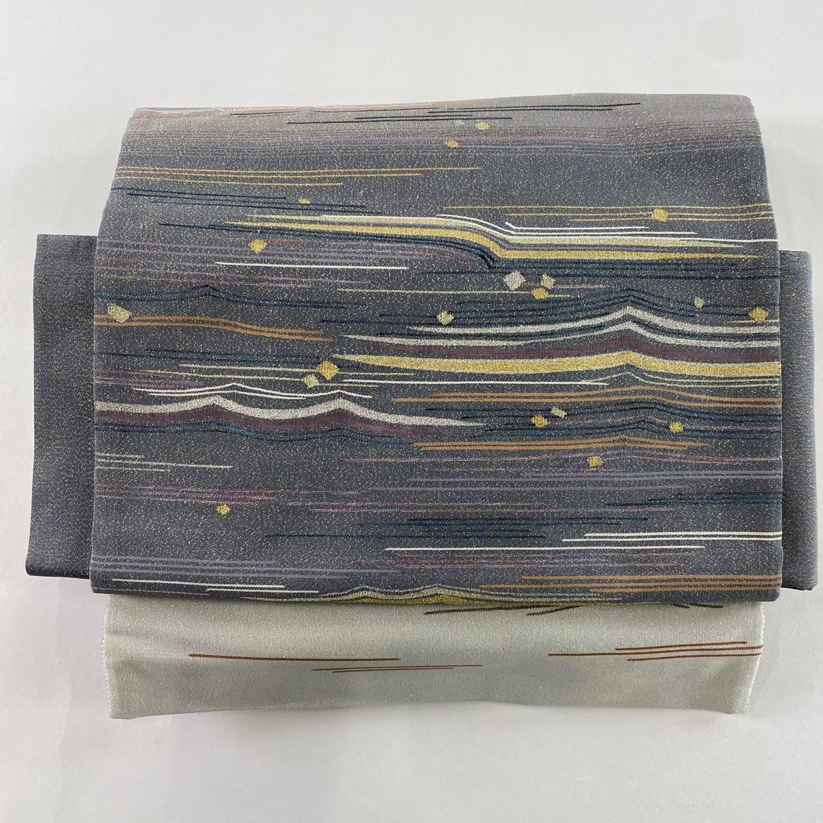 付け帯 名品 作り帯 やまと 縞 箔散らし柄 金糸 金銀彩 灰紫 正絹