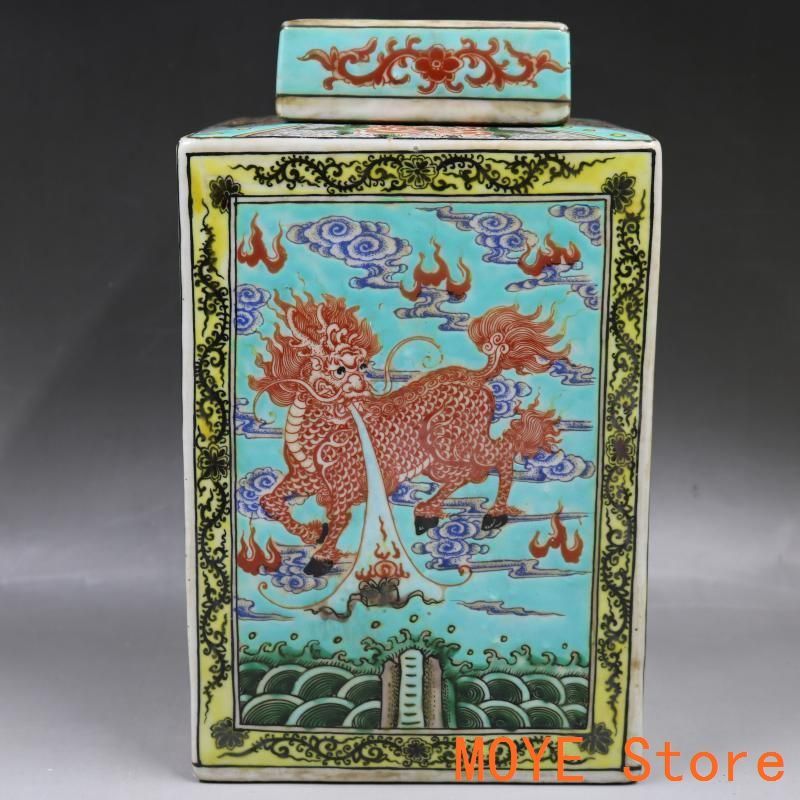 清康熙緑地粉彩麒麟紋方茶壺 茶道具景徳鎮 陶磁器 装飾品 現代工芸品美術品 置物 清康熙緑地粉彩麒麟紋方茶壺 茶道具景徳鎮 陶磁器 装飾品 現代工芸品