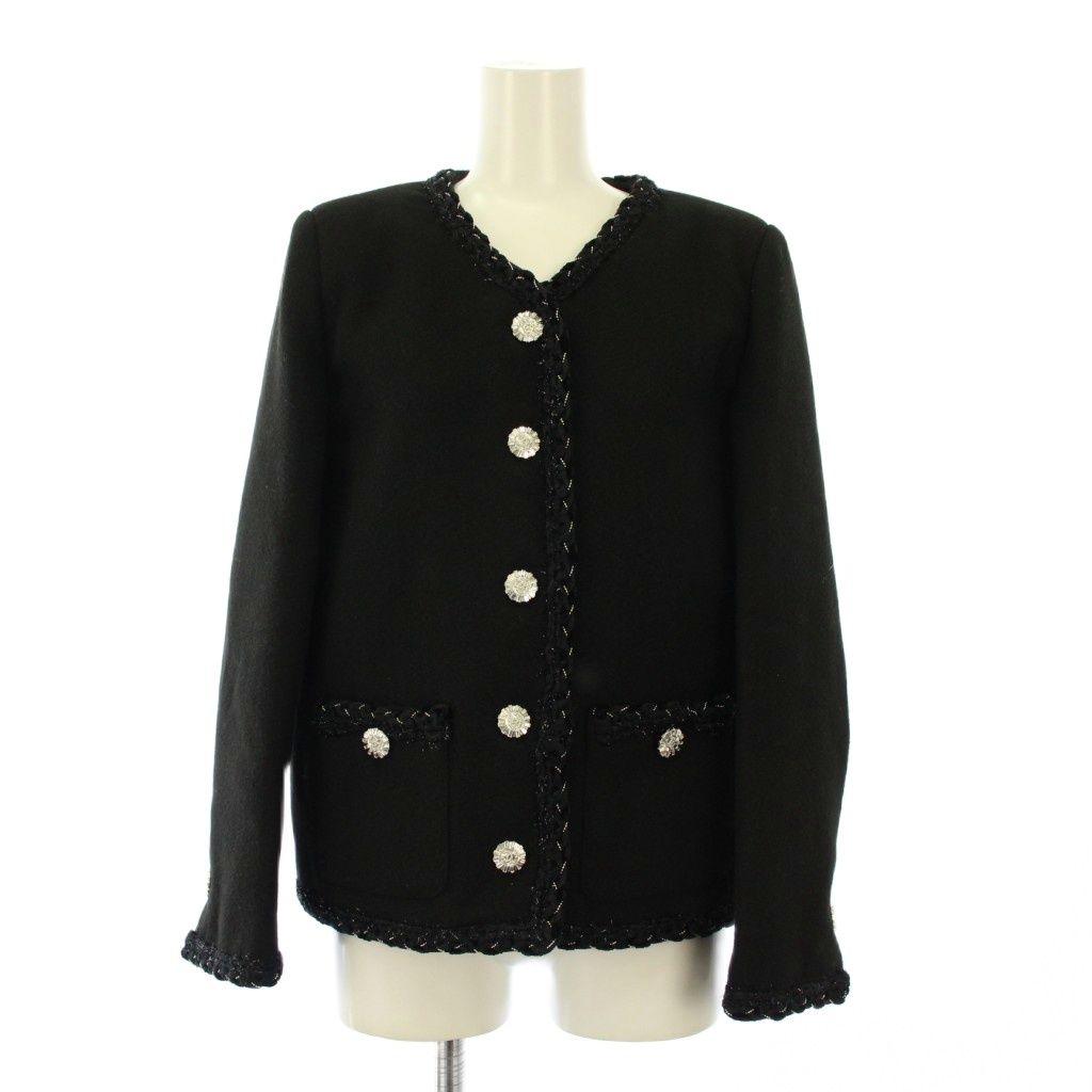 シャネル CHANEL uniform ノーカラージャケット アウター ショート丈 ウール シルク 36 黒 ブラック |BB