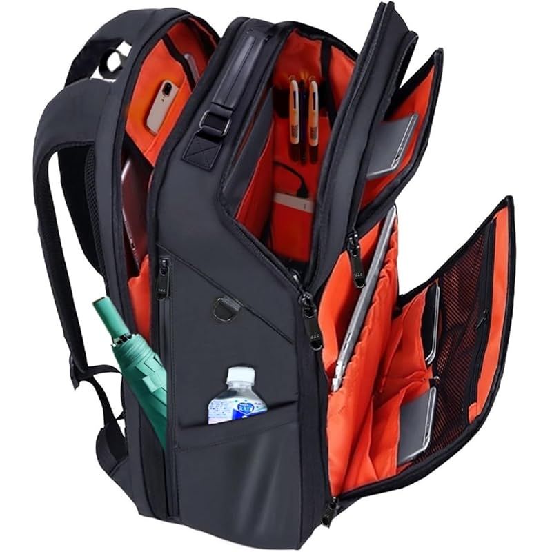ABIBA ファスナー徹底 リュック メンズ ビジネス リュックサック スクエア 大容量 旅行用 PC 通学 通勤 出張 USB充電ポート 黒 型崩れ防止 しない ブラック 裏地 オレンジ