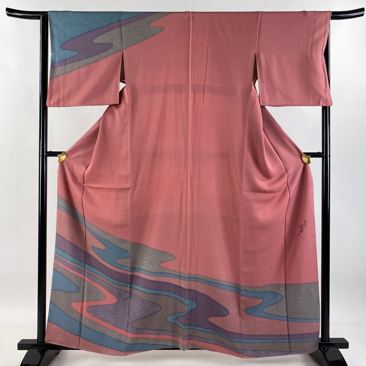 ◇美品◇ 大久保玄才 訪問着 波に桜柄 墨色 たたき染め