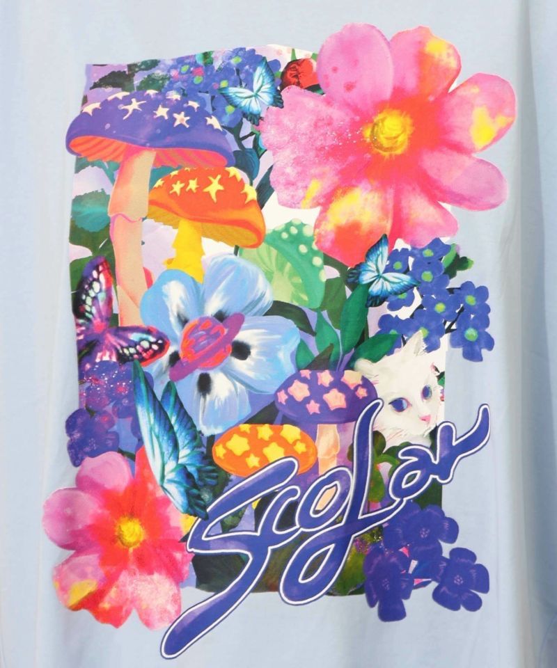 ScoLar スカラー ネコ 花 キノコ柄 接触冷感 Tシャツ 夏 レディース 半袖 おしゃれ カットソー セール】152689：ネコ花キノコ柄 接触冷感Tシャツ（Tシャツ