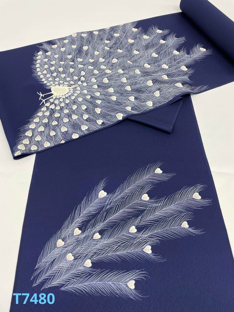 付け下げ 孔雀 手描 刺繍 鉄紺色 正絹 反物 - メルカリ