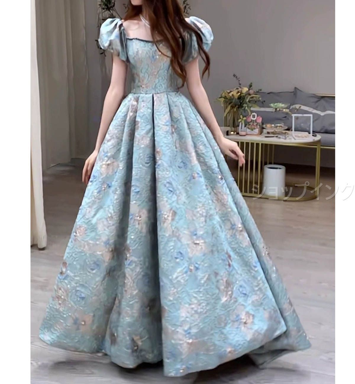 ドレス 2Way ロングドレス パーティードレス 花柄 青 オフショルダー パフスリーブ ウェディングドレス ウエディングドレス 結婚式 二次会 花嫁 前撮り 演奏会 発表会 光沢感 エレガント
