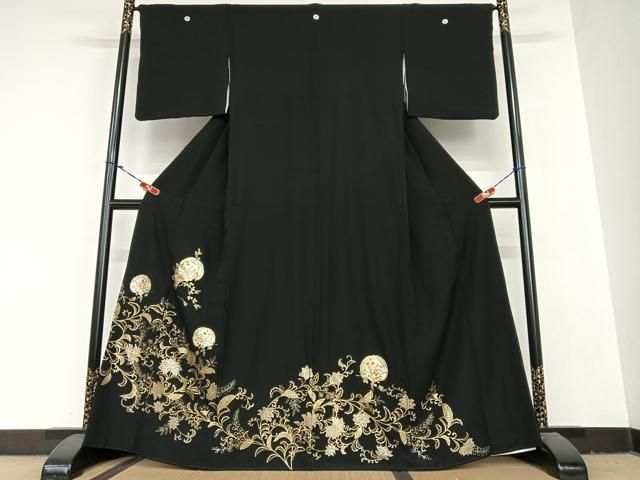 平和屋着物●豪華黒留袖 更紗花文 金彩 正絹 AABB6432zg