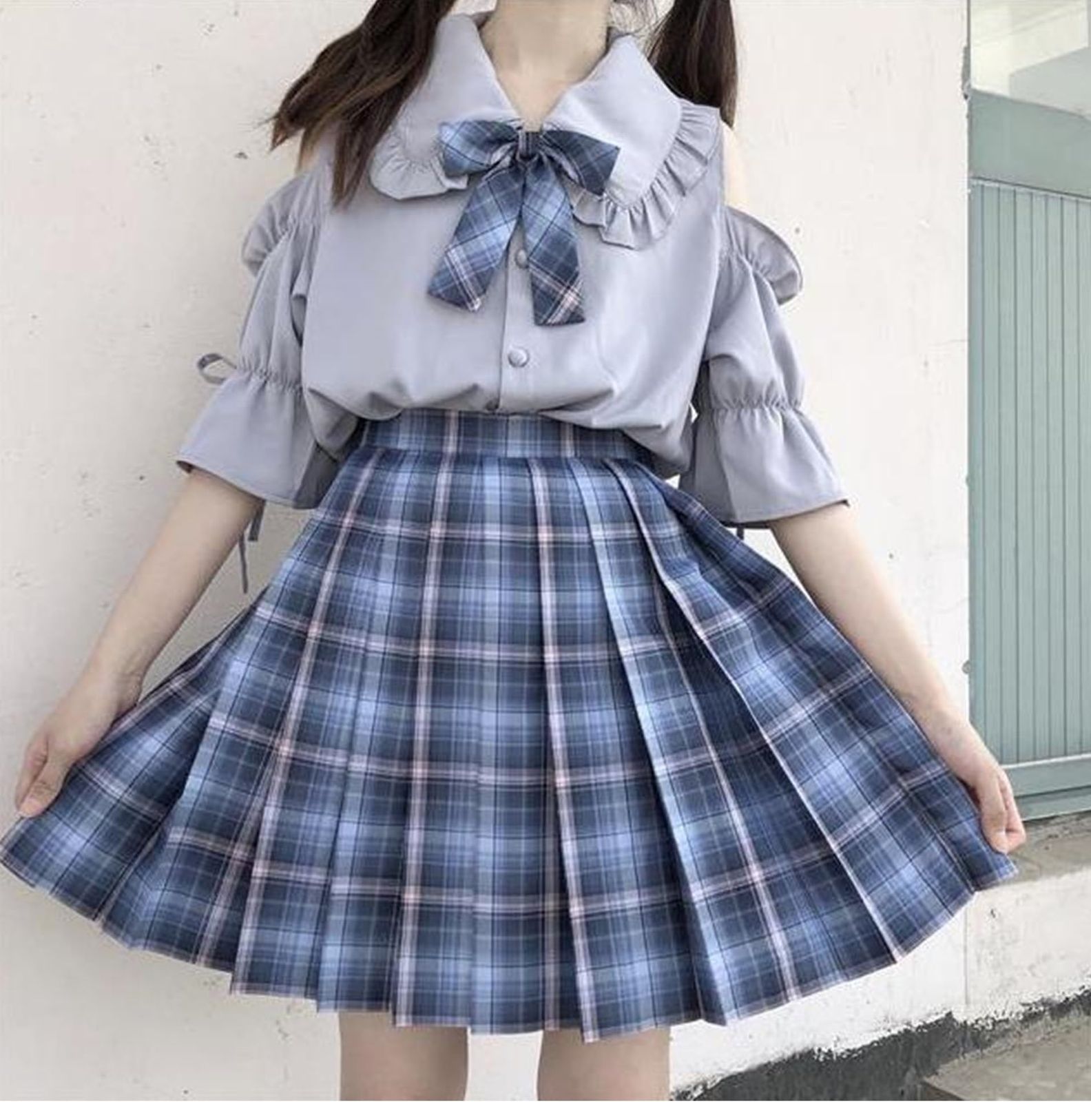 YU-YU] JK 制服 コスプレ 肩出し スクール制服 上下セット セーラー服 正統派 学生服 フル セットアップ 可愛い コスチューム 半袖  シャツ プリーツ スカート リボン 3点セット ガーリー系 チェック柄 高校制服 女子高生 [ブルー] [L] - メルカリ