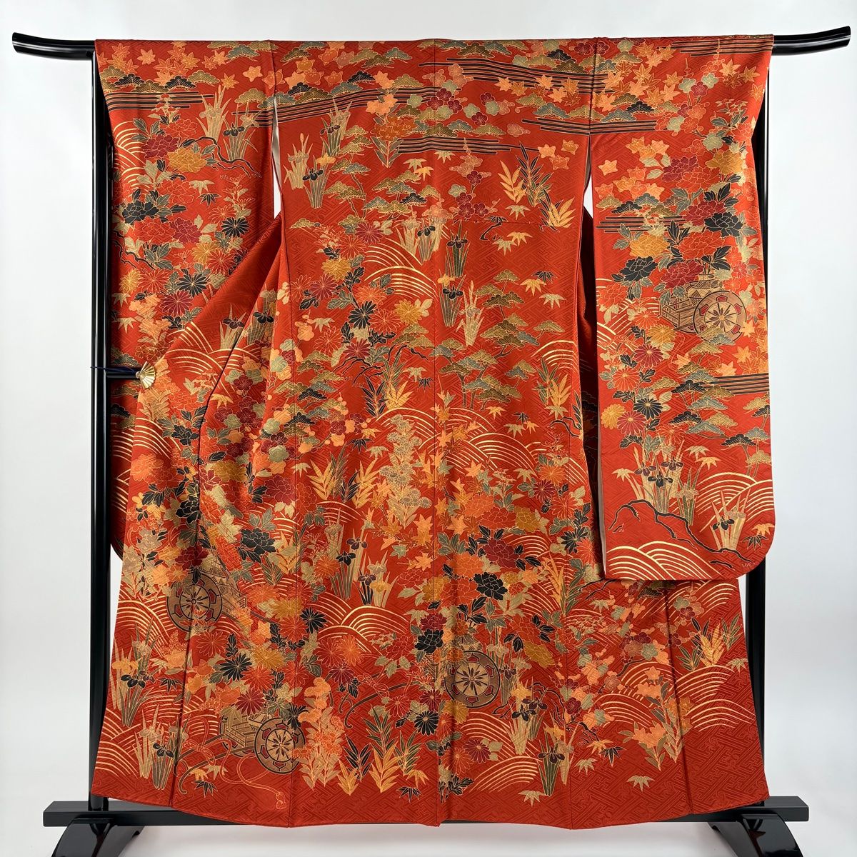 振袖 身丈158.5cm 裄丈66.5cm M 袷 花車 牡丹 金糸 金彩 オレンジ 正絹 秀品