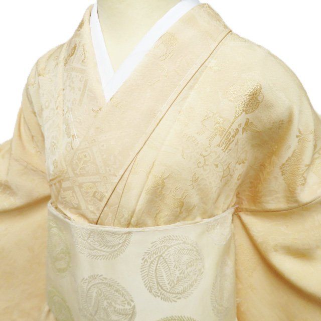 色無地 着物 ♥ 正絹 袷 紋なし 地模様 シルクロード浪漫 黄櫓染 反端付き 砥粉色 身丈161cm 裄70.5cm M きもの北條 A1281-3