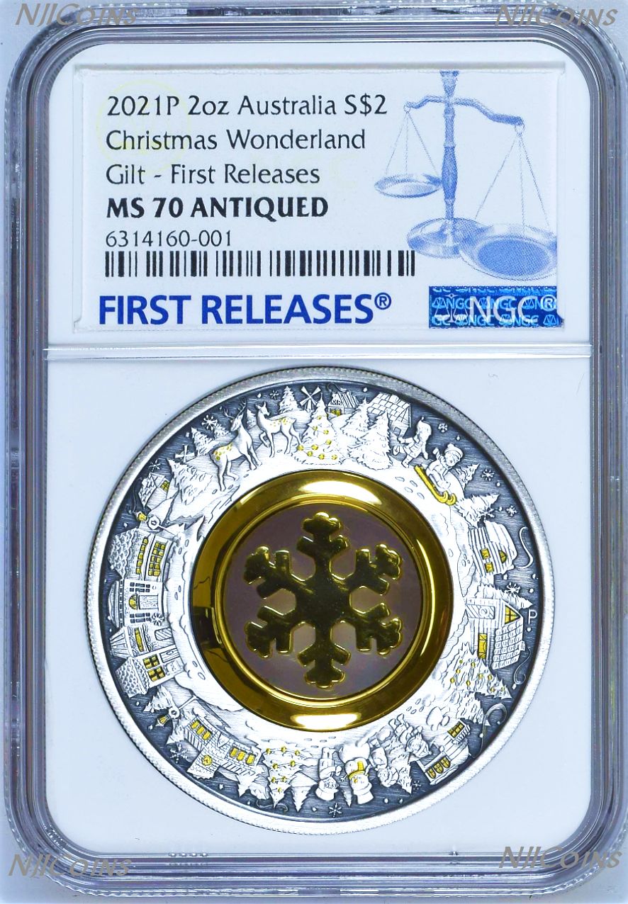 2021 Christmas Wonderland 2oz Silver Antiqued Coin NGC MS70 FR