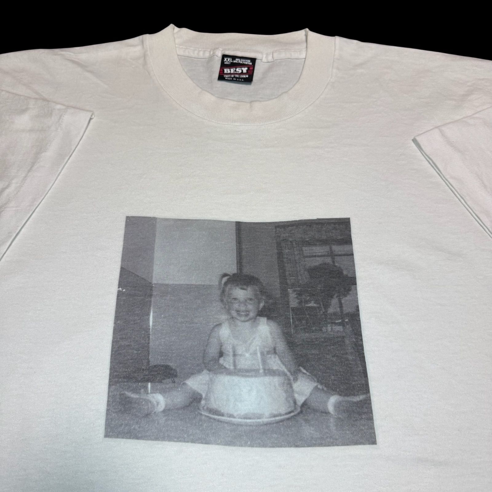 90s USA製 フォトTシャツ 誰やねんTシャツ モノクロ キッズフォトT 