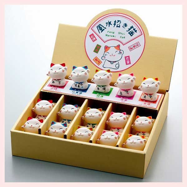 アソート15Pセット）陶器製置物 風水招き猫 ディスプレイセット