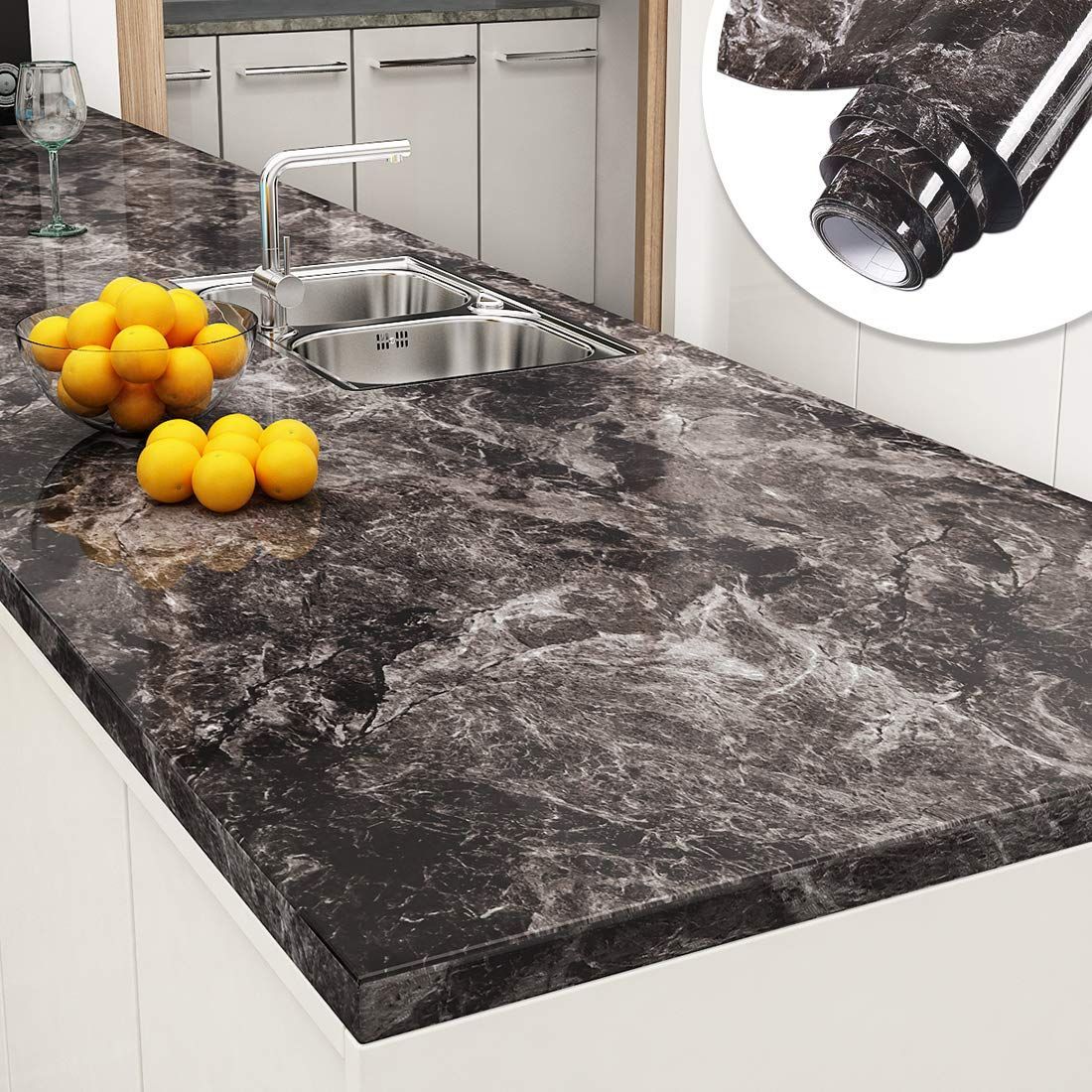 リメイクシート YENHOME 壁紙 シール 大理石 60x3ｍ はがせる 光沢があり カッティングシート ステッカー のりつき 壁紙 クロス 補修 シート 防水 張り替え キッチン 玄関 ライトブラック