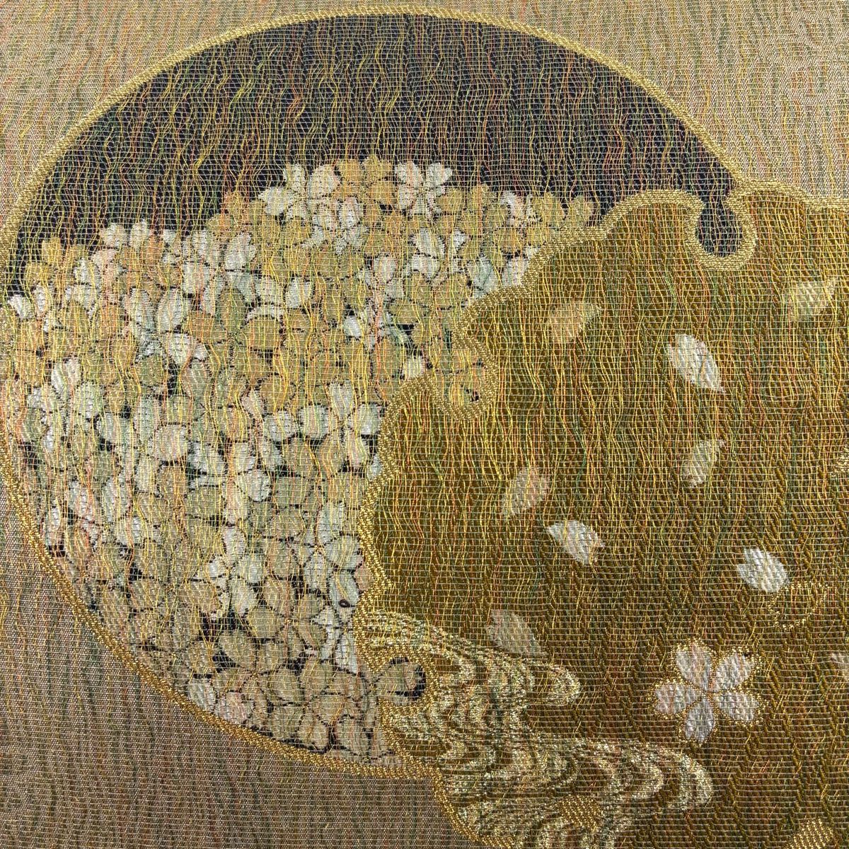 袋帯 美品 名品 雪輪 桜 金糸 箔 茶緑色 六通 正絹 【中古