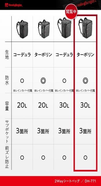 ヘンリービギンズ Henly Begins デイトナ バイク用 シートバッグ リュック 30L 2WAYシートバッグ2 DH-771 ターポリン 48154