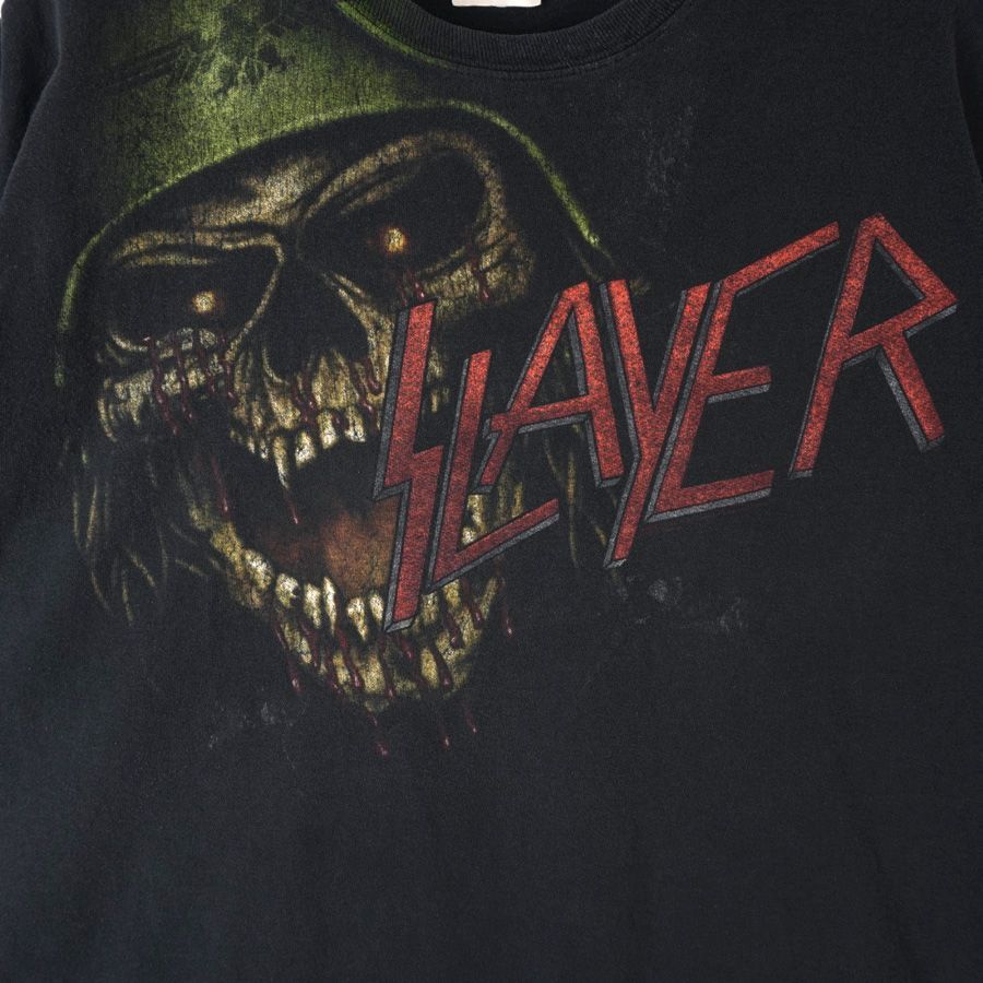 ヘインズHanesスレイヤーSLAYERメタルバンドTシャツバンTアーティストT両面プリント骸骨ブラック黒フェードvintageヴィンテージ40306