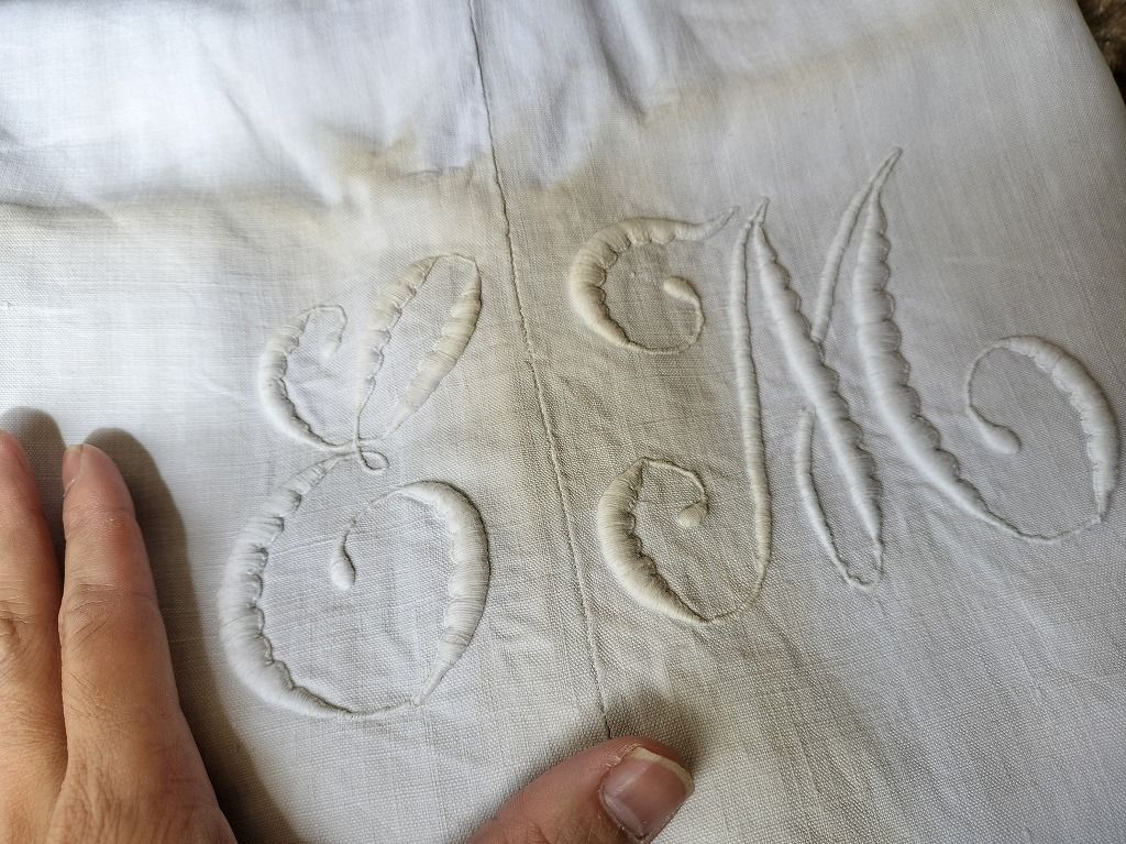 フランス アンティーク リネン 無地 シーツ 白い 刺繍 203 x290cm