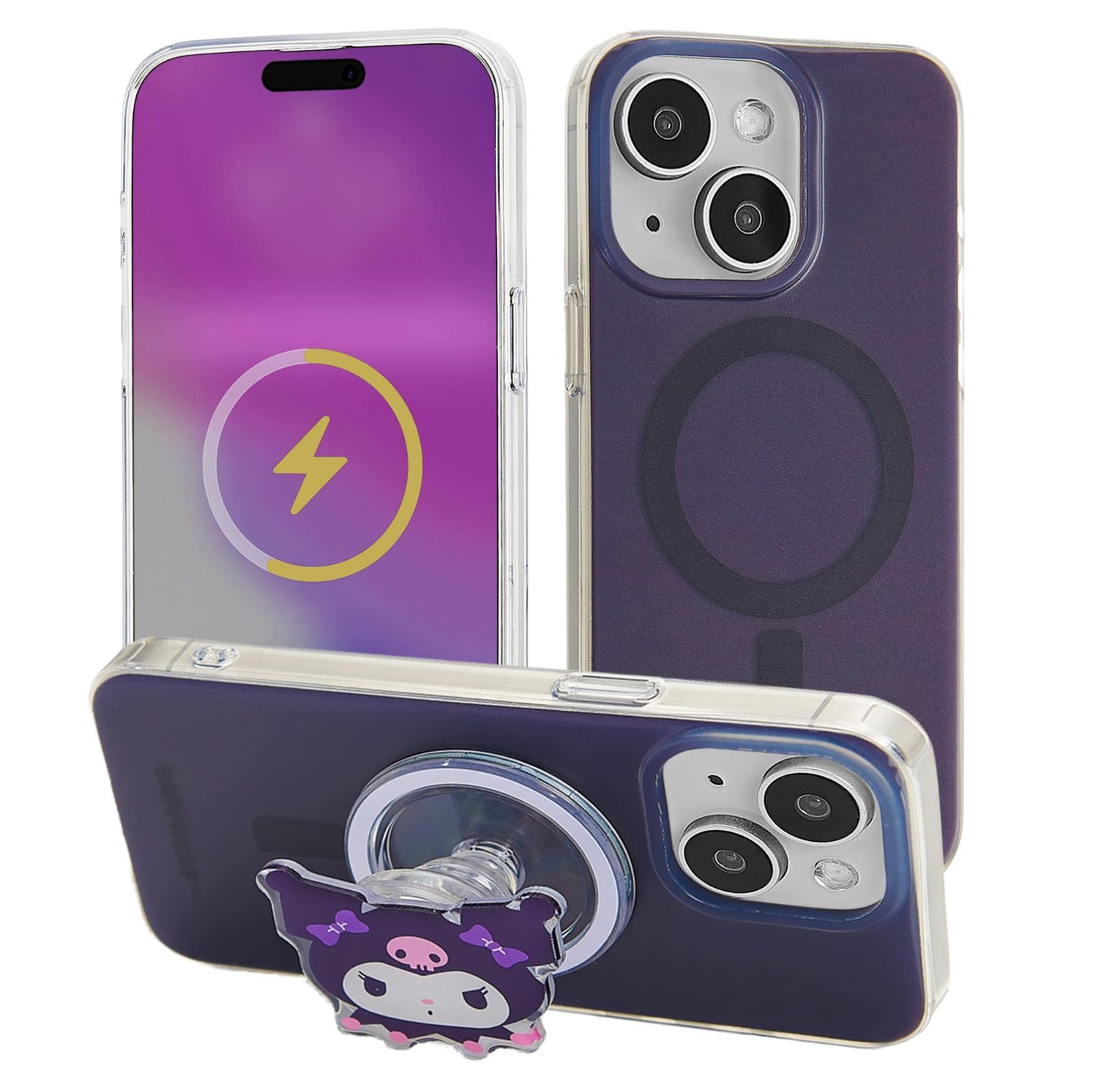 iPhone 15 ケース MagSafe対応で、スマホスタンドにもなるスマホグリップ付き（横向き），黄変防止 指紋防止 落下防止iphoneケース マスコット・デザイン (ブラック iphone 15 ケース)