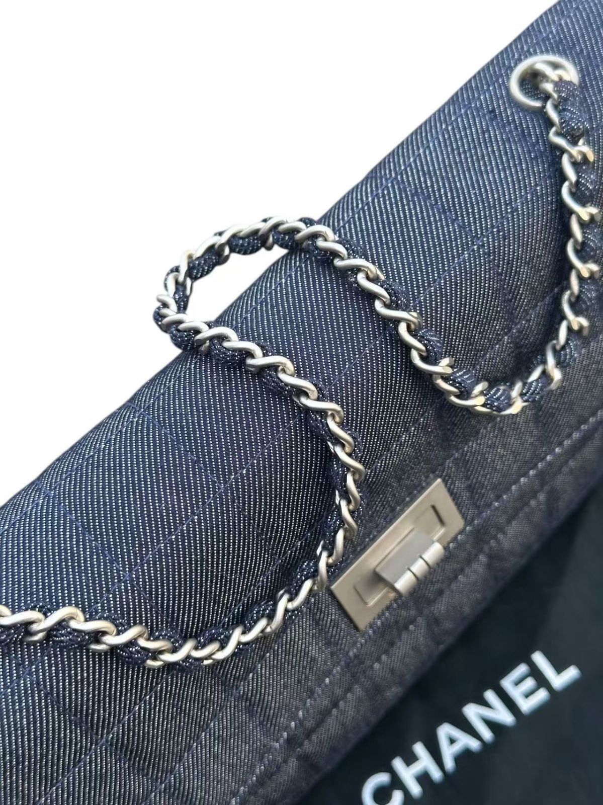 ◆本物シャネルCHANEL2.55チョコバーデニムマトラッセシルバーSV金具チェーンショルダーバッグポーチハンドバッグ肩掛け腋下6番台