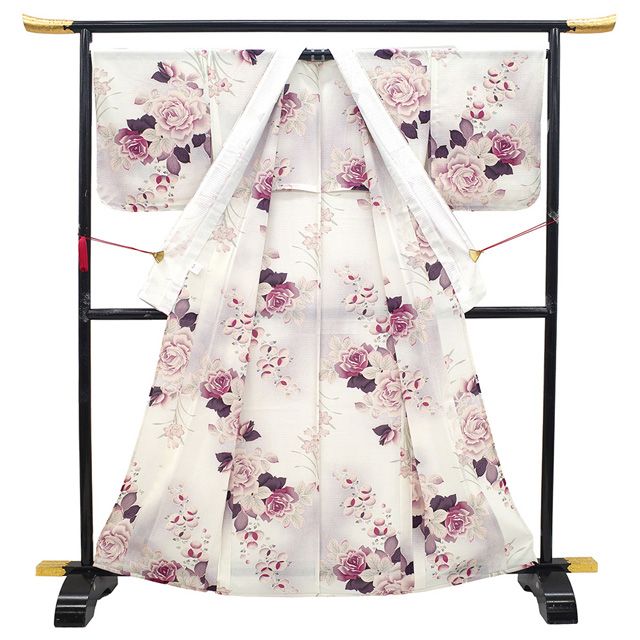 【未使用美品✨】撫松庵　洗える着物　夏物　絽　手縫い仕立て　小紋　黒色　桃　B2 新古品】 夏物 小紋 単衣 着物 未使用 絽 撫松庵 ブランド