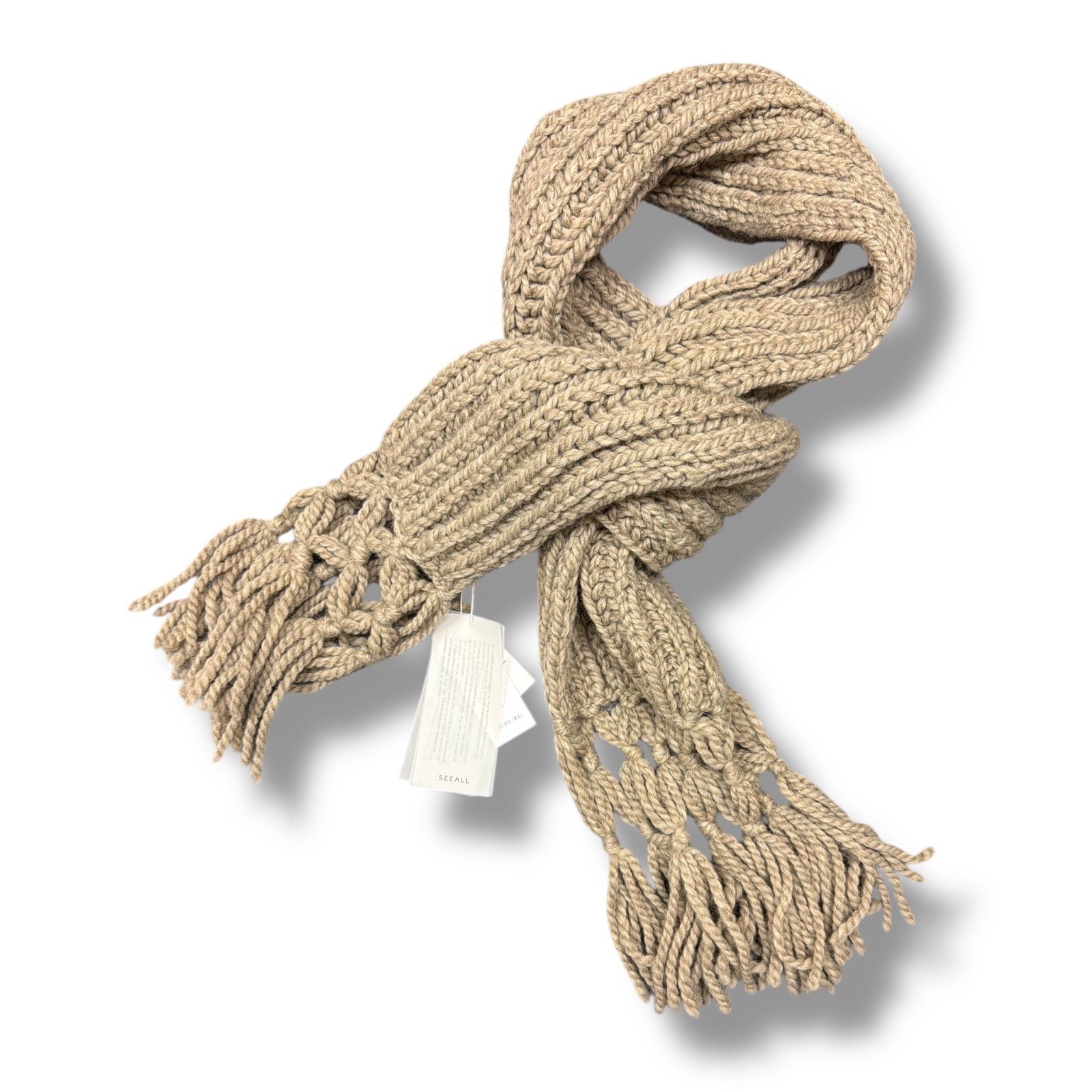 参考上代52800円 ♥品 SEEALL HAND KNITTED STOLE ハンドニットストール マフラー シーオール SAU41 KN890 グレージュ系 F 94829A0