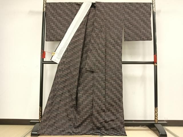 平和屋着物▽上質な紬　単衣　網目文　ロング丈　正絹　逸品　AAAV2614fy 平和屋着物▽上質な紬 単衣 網目文 ロング丈 正絹 逸品 AAAV2614fy