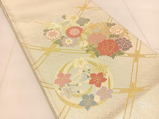 平和屋着物○佐賀錦 太鼓柄袋帯 格子花丸文 金銀糸 正絹 逸品